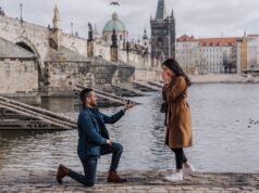 Where to Propose in Prague: 15 Best Spots and When to Go A man kneels to propose to a surprised woman on the Vltava embankment by Charles Bridge in Prague